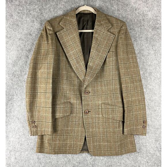 Vintage Hardy Amies Blazer Sport Coat Mens 40R Tan Plaid Wide Lapel Academia